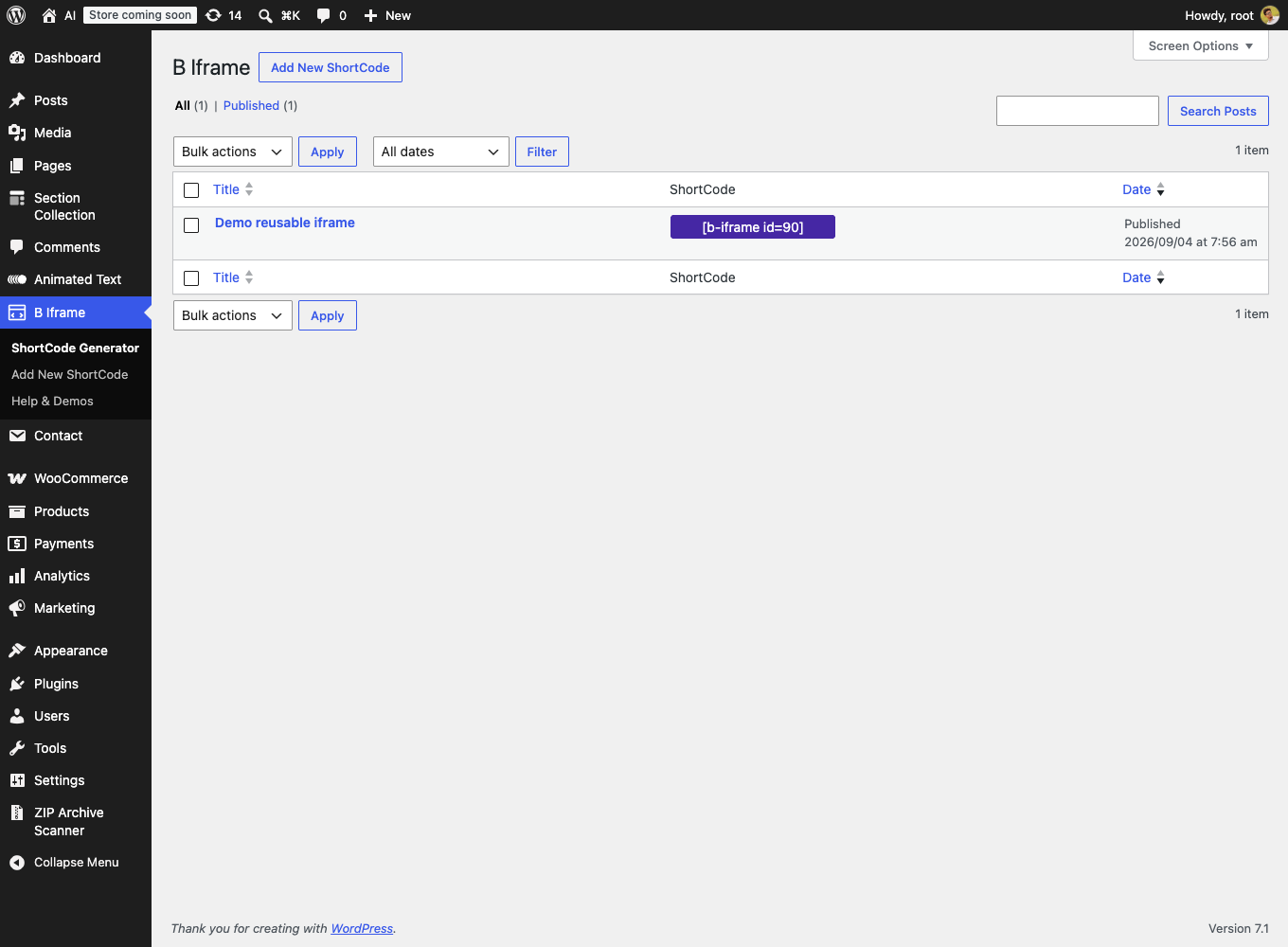 The ShortCode Generator list with copyable shortcodes