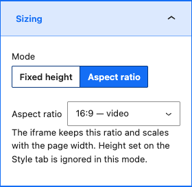 The Sizing panel: Fixed height or Aspect ratio with presets