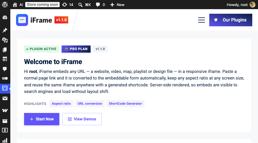 The iFrame dashboard welcome page